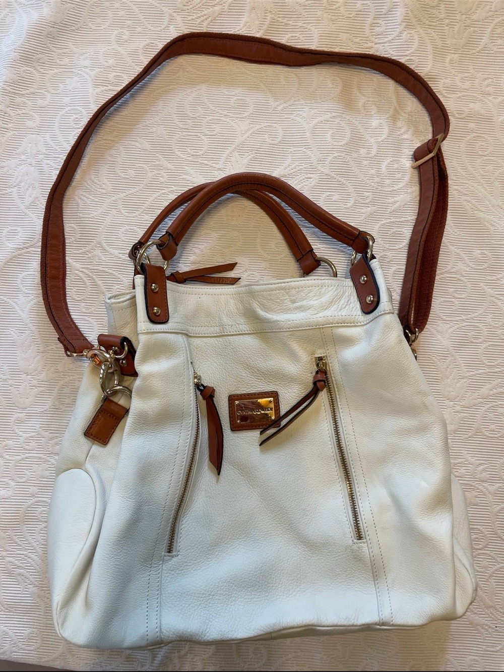 White Leather Satchel with Tan Accents - Women's Shoulder Bag